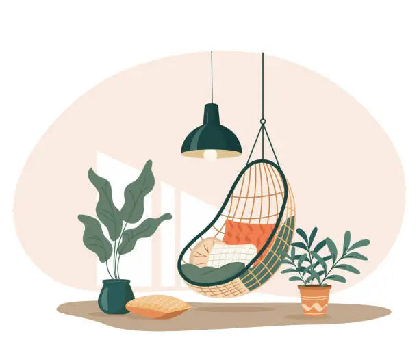 Vector illustration of Hanging chair surrounded with plant. Indoor garden, cozy interior design. Flat composition with shadows and flowers. Vector illustration rattan wicker cocoon garden swing chair isolated