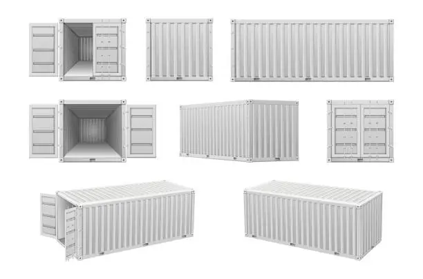 Vector illustration of Warehouse containers for goods storage and transportation realistic mockup template. Vector illustration of industrial cargo shipping containers, logistics boxes or good package boxes set