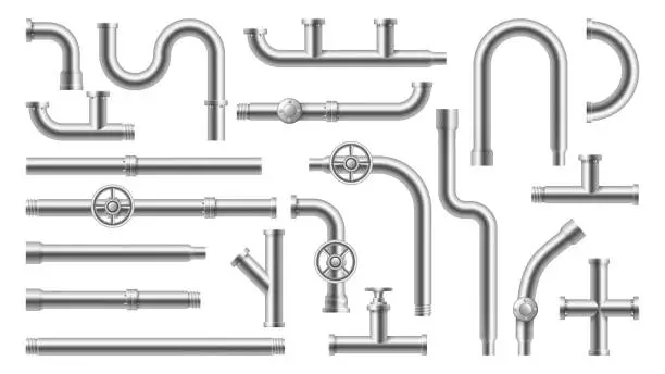 Vector illustration of Stainless steel and metallic pipes, plumbing fittings. Vector water, fuel or gas supply system, oil refinery industry pipeline, house sewer bolted sections. Isolated 3d realistic connections