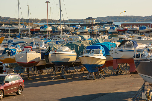 Gothenburg, Sweden - April 22 2020: Boats laid up near a harbour.