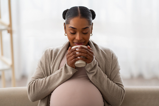 Happy cheerful young african american pregnant woman chilling on couch at home, holding mug, drinking cocoa or hot milk, copy space. Joyful pregnancy, maternity concept