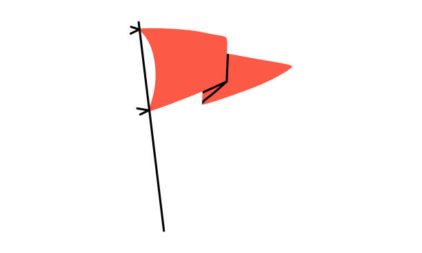 Hand drawn cute cartoon illustration of red flag or camping banner. Flat vector outdoor tourism scout sticker in colored doodle style. Challenge success icon. Adventure, hiking. Isolated.