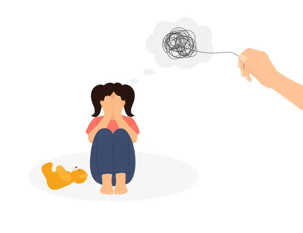 Vector illustration of Sad, Lonely Child With Tangled Thoughts Sitting On Floor And Covering Her Face With Her Hands. Human Hand Helping Little Girl And Unraveling The Tangle Of Thoughts