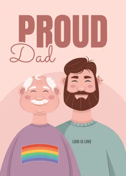 Vector illustration of LGBTQ Proud Dad. Vector illustration with dad and son. Pride month card.