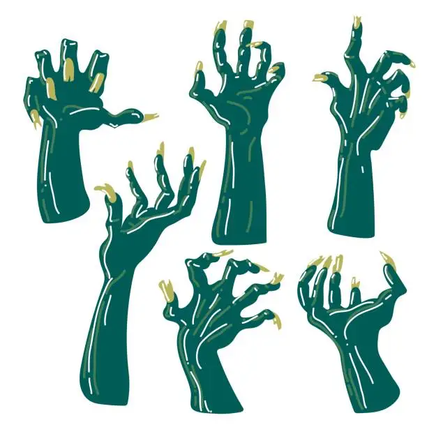 Vector illustration of A set of zombie hands in retro style with highlights on a white background. An isolated collection of rotten blue hands with damage. Hands from the graves. Printing for Halloween party cards, stickers