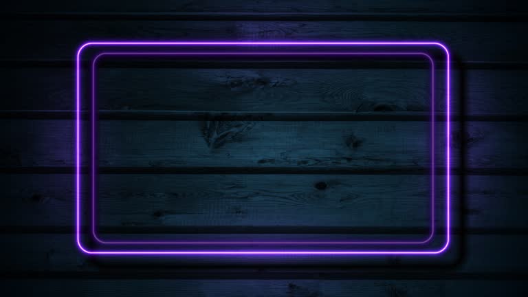 Violet neon luminous rectangle frame on dark blue wooden abstract background