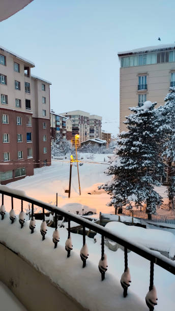 istock Street lamp burning on a snowy winter day. 2103916582