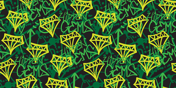 Hand drawn graffiti art green diamond symbol and text seamless pattern background. Pattern swatch ready in vector color swatch panel. Can be used for textile, fabric print, wallpaper-decor, wrapping paper, home decor, clothing. banner, cover, cards and more