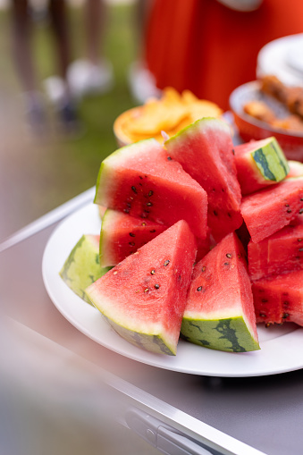 A close-up shot of a stacked pile of watermelon on a white plate on a table outdoors. Surrounded by other foods in the background which are out of focus.

Videos are available similar to this scenario