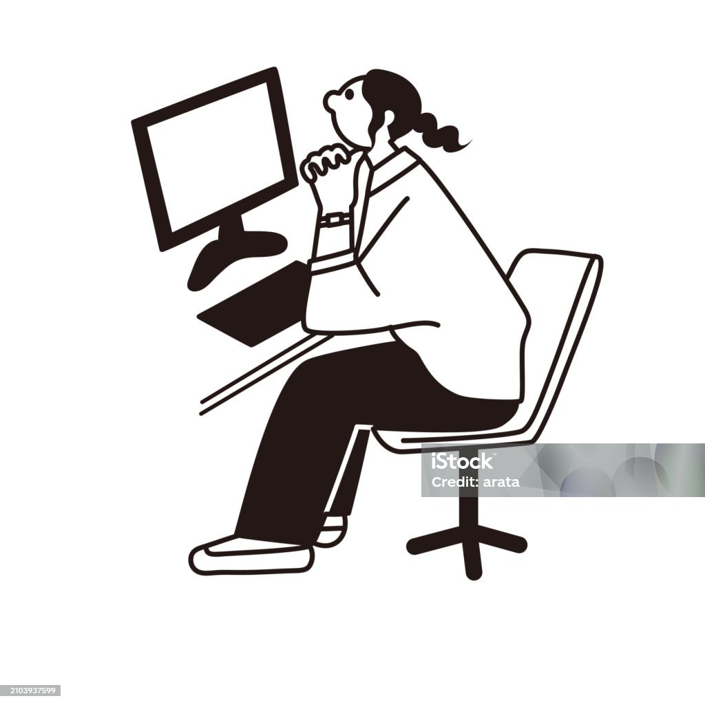 Watching The Computer Screen Drawing Line Drawing Vector Of A Woman Looking At A Computer And Thinking Stock ...