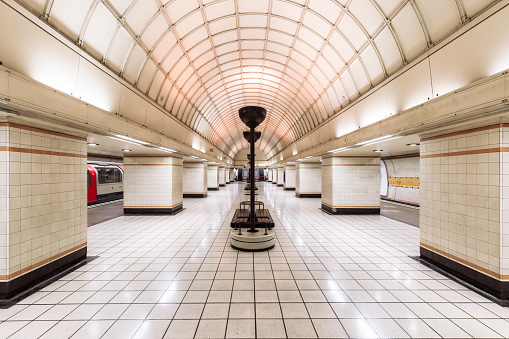 Interior architecture of Gants Hill underground station in London, UK