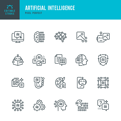 Artificial Intelligence - set of vector linear icons. 20 icons. Pixel perfect. Editable outline stroke. The set includes a Artificial Intelligence, Robot, Brain, Chatbot, Virtual Assistant, Big Data, Binary Code, Network Security, Generative Art.