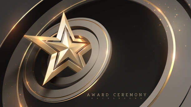 ilustraciones, imágenes clip art, dibujos animados e iconos de stock de trofeo de la estrella dorada en un elegante podio circular negro con luz cálida y bokeh. fondo de la ceremonia de entrega de premios de lujo. - winning streak flash