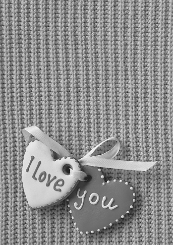 Gingerbread hearts. Homemade cookies in the form of hearts are tied with a ribbon. I love you inscription. Top View. Black and white. Vertical Banner