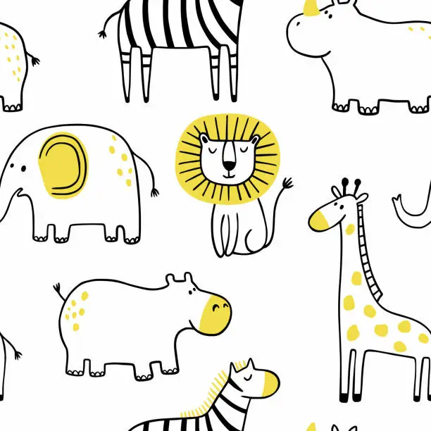 Vector illustration of Childish seamless pattern with cartoon safari jungle animals zebra, lion, elephant, giraffe, rhinoceros, hippopotamus. Hand draw cute animals in sketch style. Doodle style line art. Black and white.