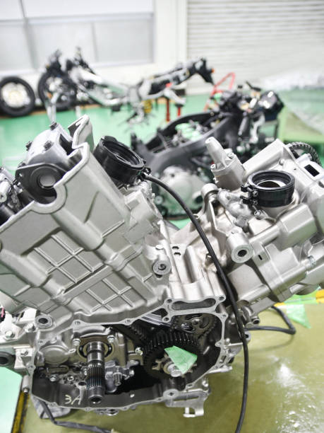 Engine of a large motorcycle under maintenance