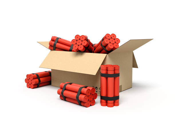 3d rendering of tnt dynamite sticks in carton box. Explosive supplies. Dangerous cargo. Plotting terrorist attack.