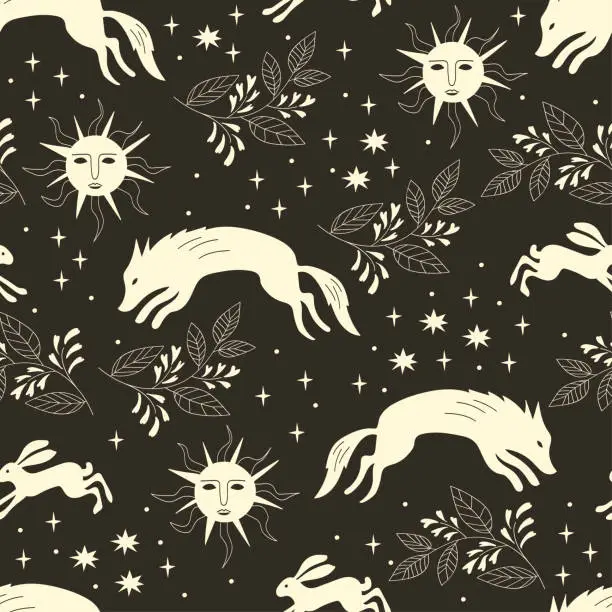 Vector illustration of Wolf and hare, mystical illustration, boho style. seamless pattern. Vector illustration