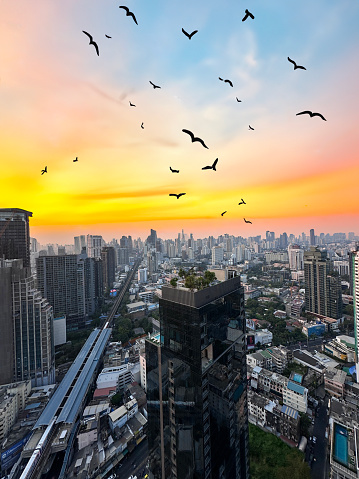 Stock photo showing close-up view of skyscrapers in downtown Bangkok, Thailand seen from observation point at sunset.