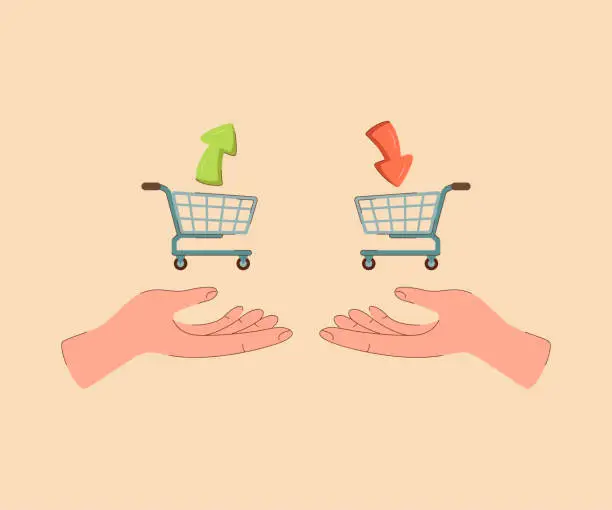 Vector illustration of Shopping baskets in hands people exchanging consumer goods indirectly to avoid having to use money