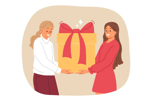 zwei frauen halten eine große geschenkbox mit roter schleife in der hand und beeilen sich, dem helden des tages zum geburtstag zu gratulieren - jubilee bow gift red stock-grafiken, -clipart, -cartoons und -symbole