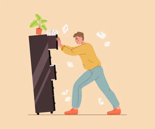 Vector illustration of Guy closes cabinet filled with papers and documents, and experiences difficulties due to bureaucracy
