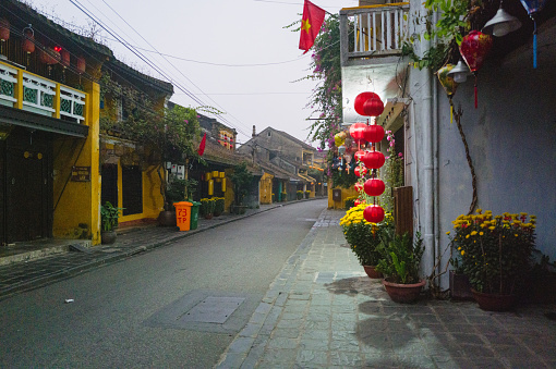 Old houses decorated with colorful lanterns