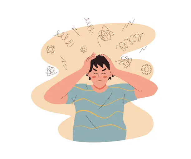 Vector illustration of Man suffers from headache caused by overabundance of information, clutching head