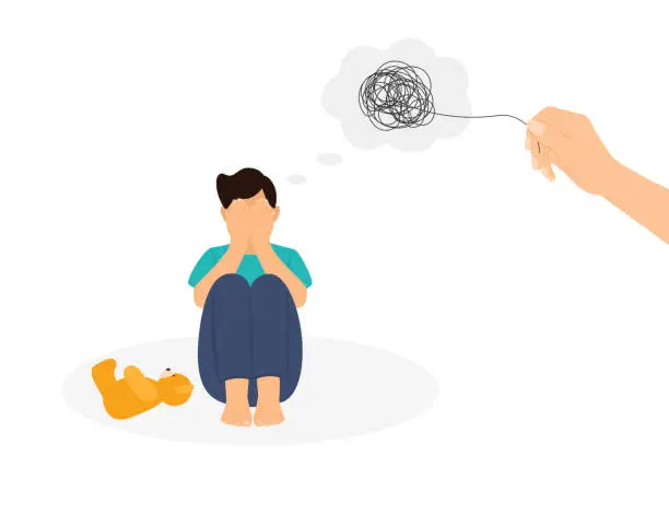 Vector illustration of Sad, Lonely Child With Tangled Thoughts Sitting On Floor And Covering His Face With His Hands. Human Hand Helping Little Boy And Unraveling The Tangle Of Thoughts