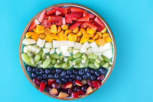 Stock photo showing elevated view of plate displaying rows of chopped multi-coloured fruits. Rainbow of chopped strawberries, watermelon, mango, physalis (Indian raspberries), honeydew melon, white grape, kiwi, blueberries, plums and red grapes. Healthy eating concept.