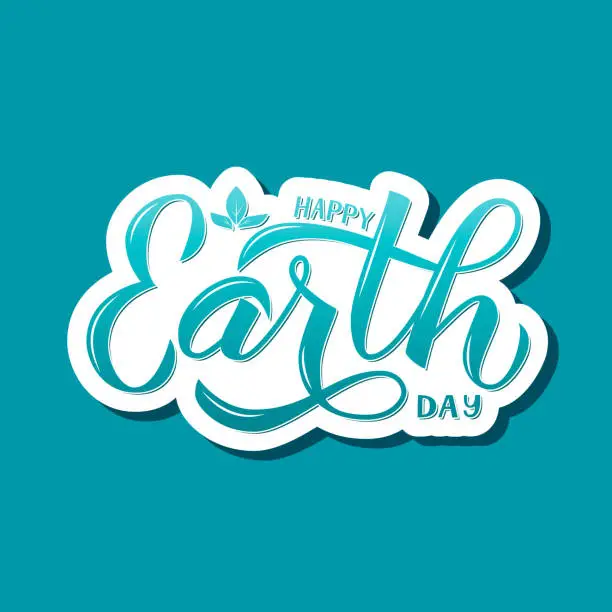 Vector illustration of Happy Earth Day calligraphy hand lettering on blue background.   Vector template for typography poster banner, flyer, greeting card, etc.
