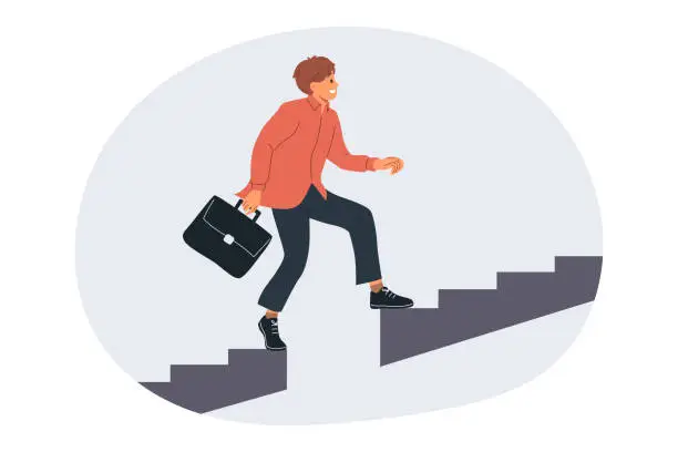Vector illustration of Business man grows professionally by climbing up stairs and overcoming obstacles from missing steps