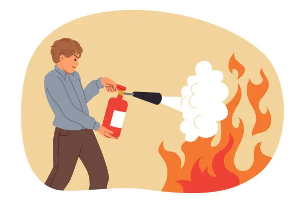 Vector illustration of Man uses fire extinguisher, heroically approaching flame and trying to put out source of danger