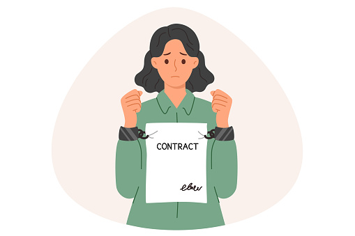 Woman is constrained by strict contract prohibiting disclosure of information or change in field of activity. Girl with contract instead of handcuffs regrets that she signed nda agreement