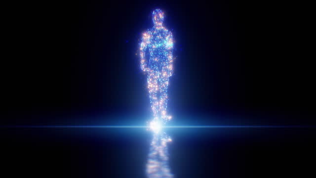 Digital Man Blue and Orange Color Dots Walking, Abstract Dark Cyber Space and Bright Light. Artificial Intelligence Beautiful Illustration. Neural Networks Avatar 3d Animation Technology Concept
