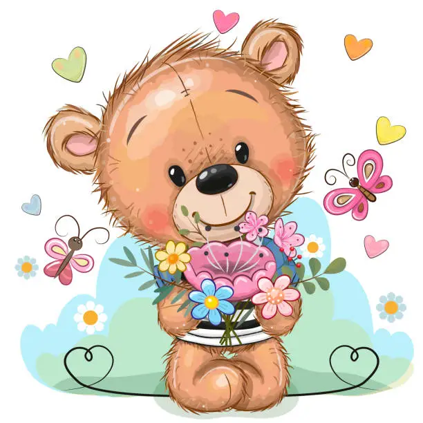 Vector illustration of Cute Cartoon Teddy Bear with flowers
