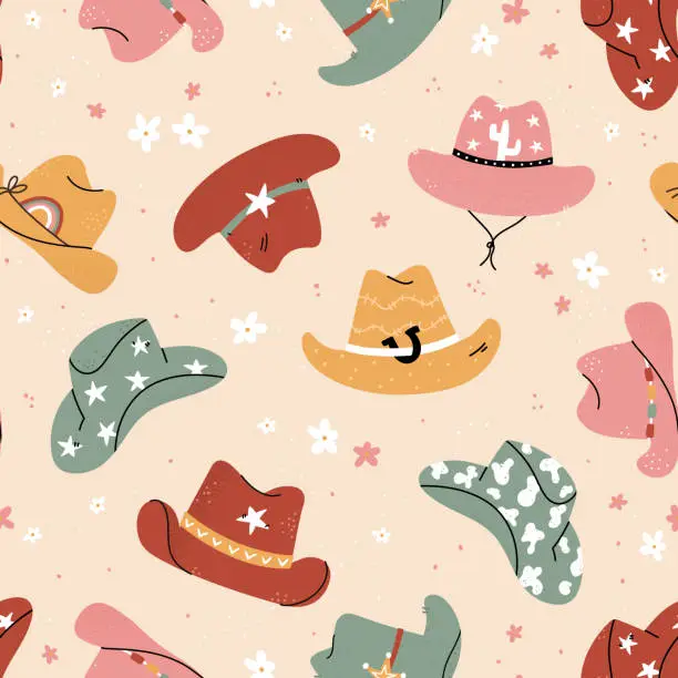 Vector illustration of Lovely illustrated cowboy hats with different ornaments, cactus, horseshoe, stars. Vector hand drawn illustration, seamless pattern, great for textiles, wallpapers, wrapping.