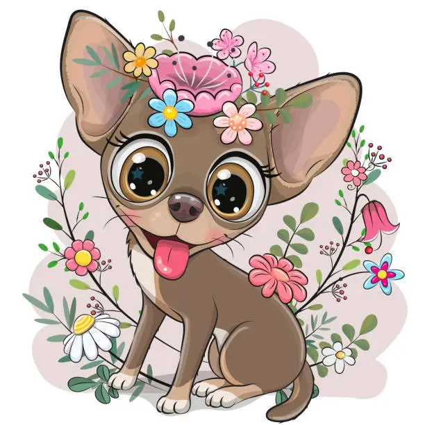 Vector illustration of Cute Cartoon Dog Chihuahua with flowers