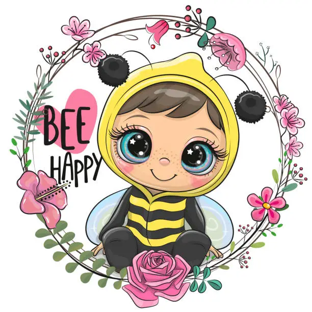 Vector illustration of Cartoon girl in a bee costume with a floral wreath