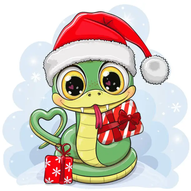 Vector illustration of Cartoon Snake in Santa hat with Gift on a blue background