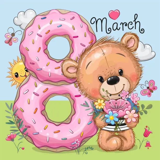 Vector illustration of Cute Cartoon Teddy Bear with flowers
