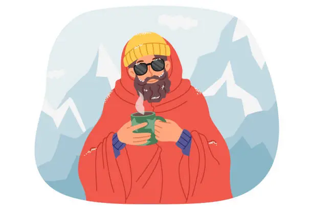 Vector illustration of Man traveler drinks hot coffee, standing among snow-capped mountains after climbing to top