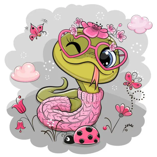 Vector illustration of Cartoon Snake on a meadow with flowers and butterflies