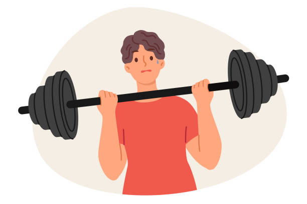 Weak man is doing fitness, trying to lift barbell to pump up big muscles and improve immunity Weak man is doing fitness, trying to lift barbell to pump up big muscles and improve immunity. Tired guy doing sports exercise in gym, needs help of fitness trainer to achieve desired result serious tear stock illustrations