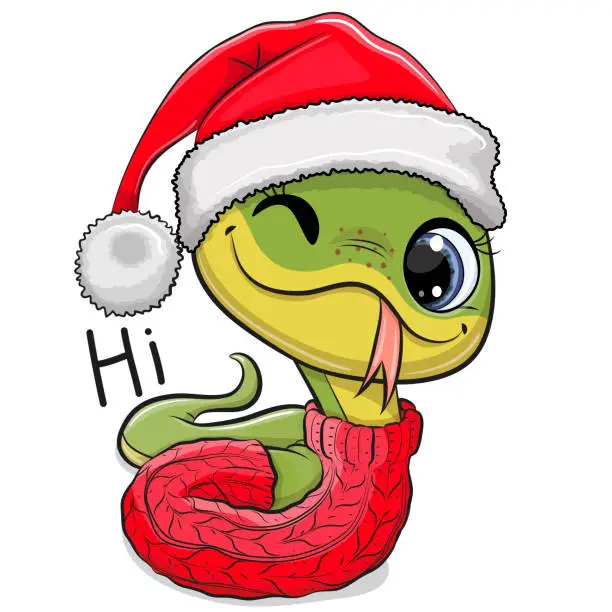 Vector illustration of Cartoon Snake in Santa hat isolated on a white background