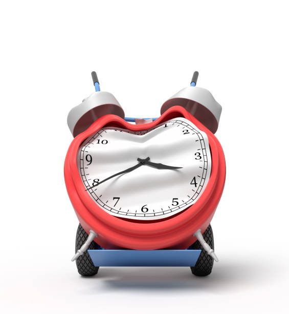 3d rendering of smashed broken alarm clock on a hand truck 3d rendering of smashed broken alarm clock on a hand truck. Old fashioned device. Final deadline. Time expired. smash alarm clock stock pictures, royalty-free photos & images