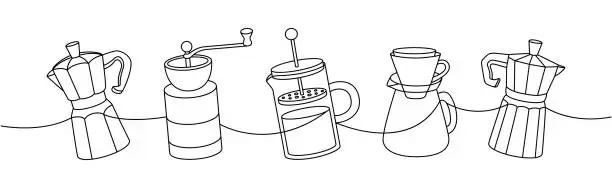 Vector illustration of Coffee shop set one line continuous drawing. Small coffee grinder, French press, coffee makers continuous one line illustration.