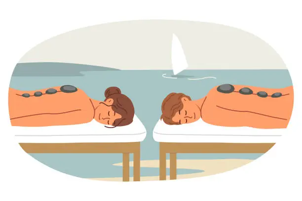 Vector illustration of Outdoor SPA and hot stone massage for man with woman lying on sea and enjoying rejuvenation therapy