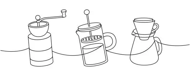 Vector illustration of Coffee set one line continuous drawing. Small grinder, French press, coffee maker with paper filter continuous one line illustration.