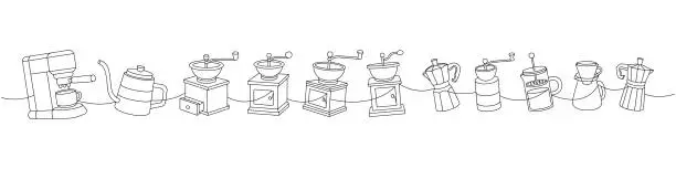 Vector illustration of Coffee set one line continuous drawing. Coffee machine, gooseneck kettle, grinders, Italian coffee makers continuous one line illustration.